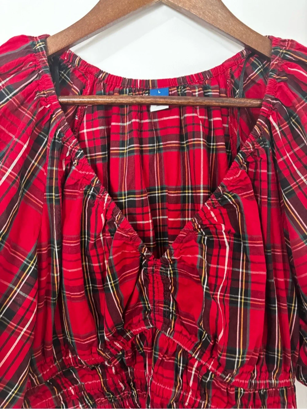 Old Navy Red Tartan Plaid Puff Sleeve Smocked Peplum Top Size L Cottagecore